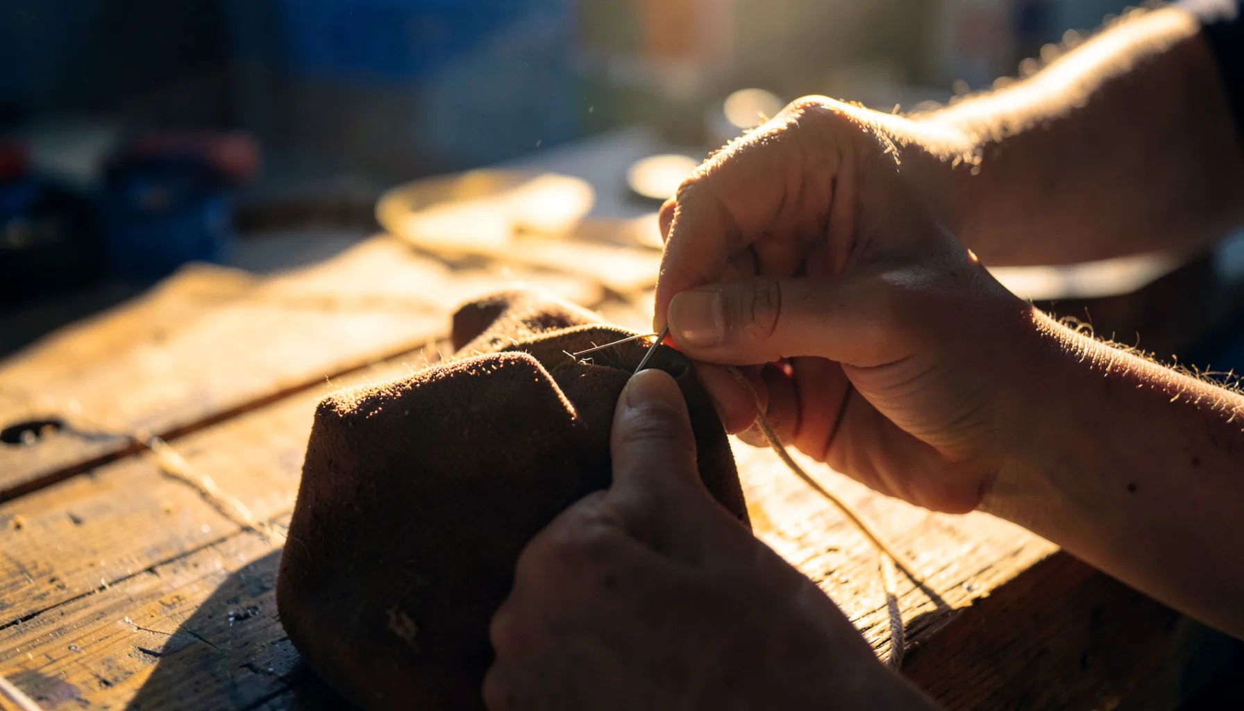 A close-up of hands carefully threading a leather bag handle with needle and waxed cord, set on a sunlit wooden workbench in warm golden-hour light.