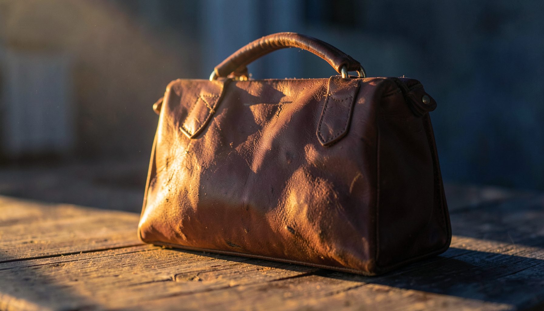 A well-worn leather luxury handbag resting on a wooden surface, its silhouette slightly softened from use, bathed in warm golden-hour sunlight.