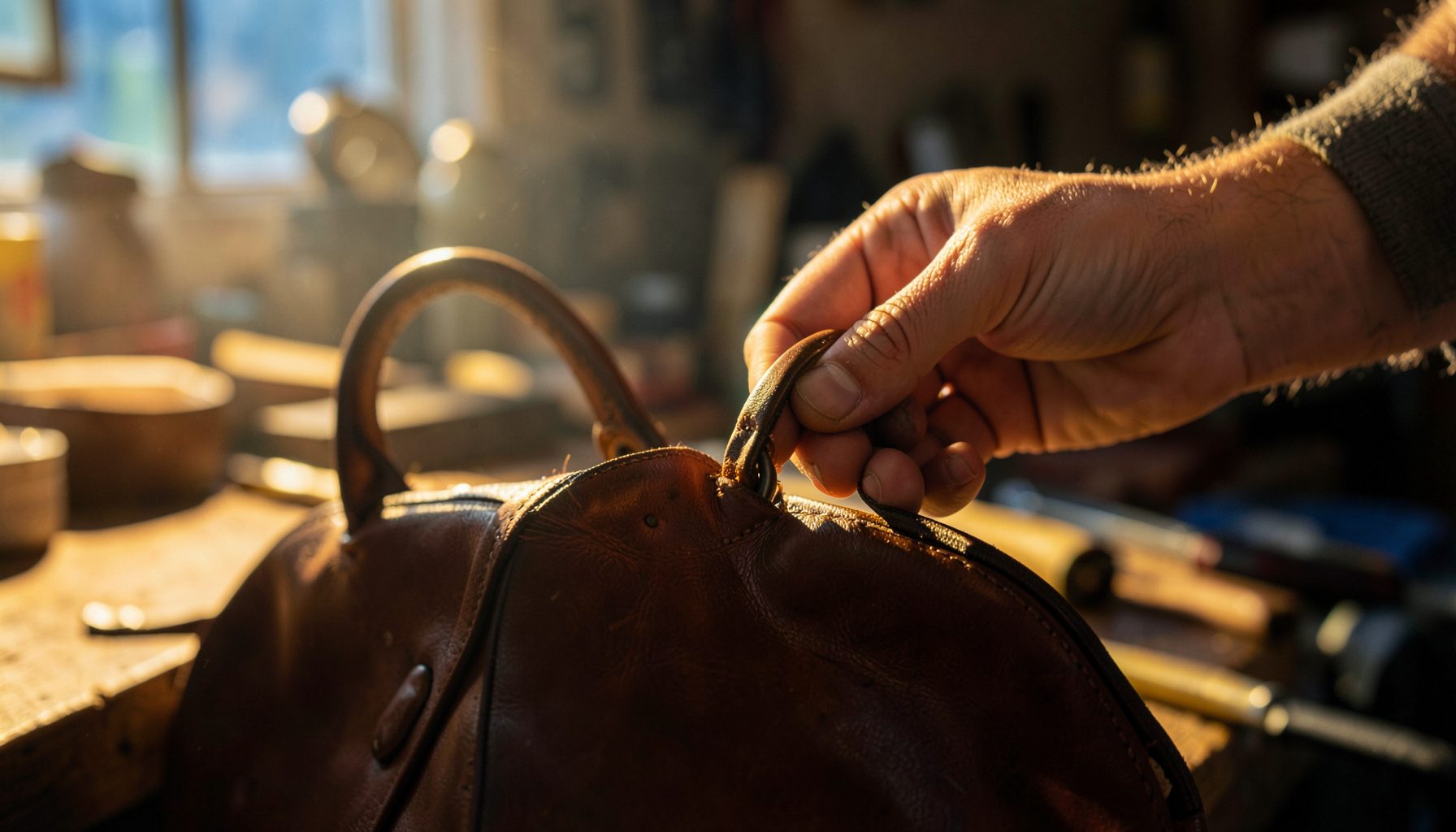 A close-up of a craftsman's hands carefully stitching a leather handbag handle in a well-lit workshop, warm golden tones and rich brown leather.