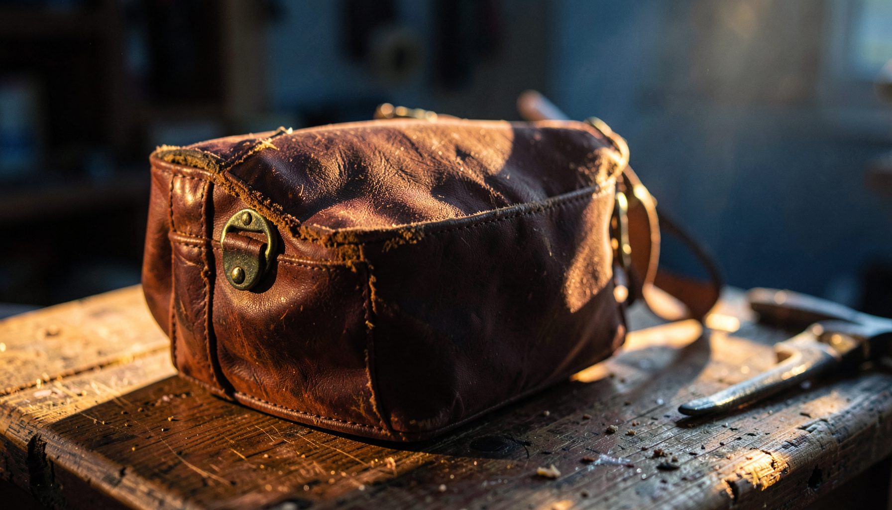 A close-up of a well-worn leather handbag with scuffed edges and tarnished metal hardware, resting on a craftsman's wooden workbench in warm golden-hour light.